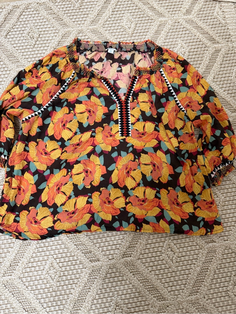 Sundance size XL Women’s hibiscus bloom Peasant Top v neck boho orange/yellow